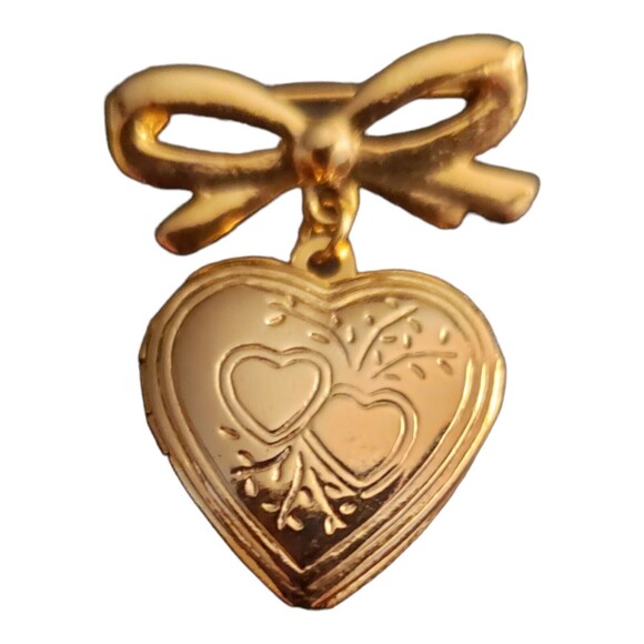 Gold Tone Heart-Shaped Keepsake Locket with Ribbon Design Brooch Pin - Picture 1 of 4